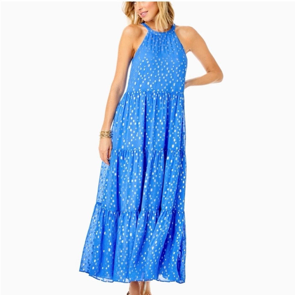 Lily Pulitzer Beccalyn Maxi Dress Viscose Metallic Clip M Nwt Boca Blue